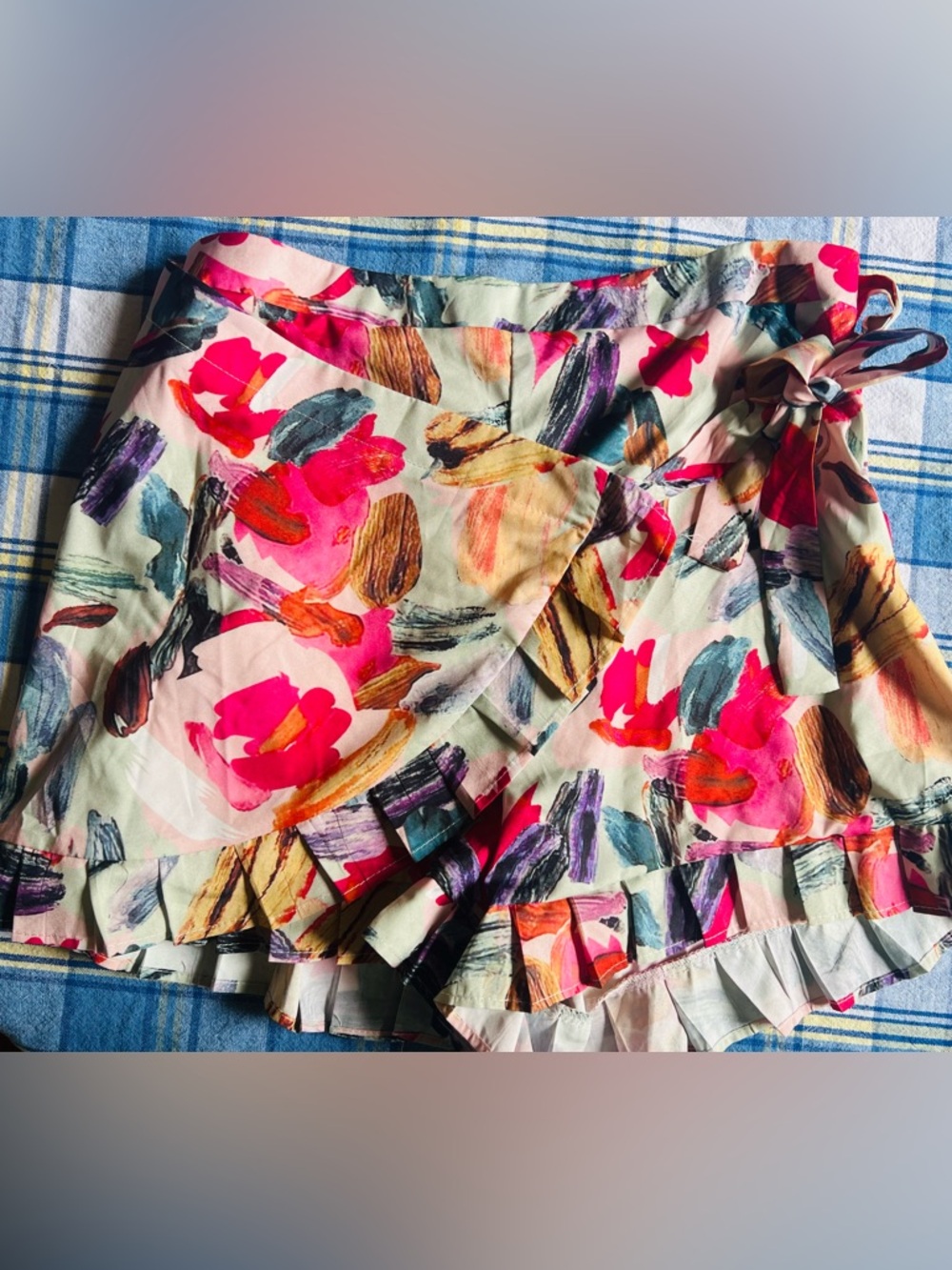 XL Wrap Skort Mini Abstract Brush Strokes Ruffle Hem Tie Waist Colorful Artsy